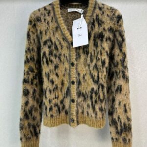 Christian Dior Women's Leopard Print Knitted Cardigan Coffee