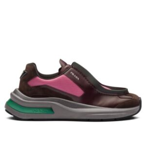 Prada Unisex Systeme Brushed Leather Sneakers With Bike Fabric And Suede Elements Pink