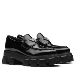 Prada Women's Monolith Brushed Leather Pointed Loafers Black