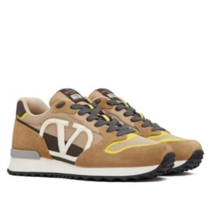 Valentino Men's Vlogo Pace Low-Top Sneaker In Split Leather, Fabric And Calf Leather Coffee