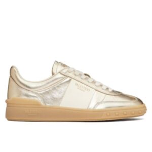 Valentino Unisex Upvillage Sneaker In Laminated Calfskin With Nappa Calfskin Leather Band Golden