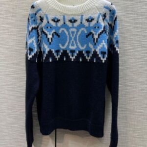 Celine Women's Arc De Triomphe Jacquard Logo Sweater Dark Blue