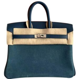 Hermes Birkin 25 Gris Caillou & Etoupe Grizzly and Swift Palladium Hardware Blue