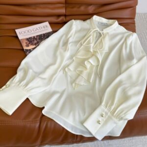 Christian Dior Women's Pearl Button Ruffle Shirt Cream