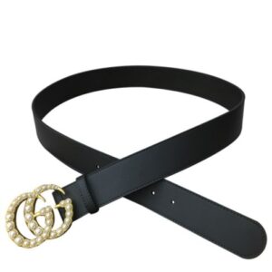 Gucci Leather belt with pearl Double G Black