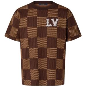 Louis Vuitton Women's Short-Sleeved Cotton Damier Crewneck With Crystal LV Patch Brown