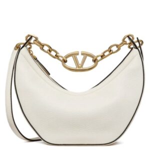 Valentino Small Vlogo Moon Hobo Bag In Grainy Calfskin With Chain Cream