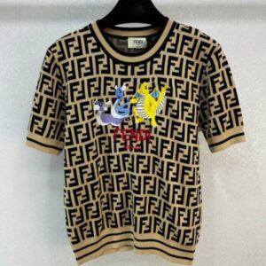 Fendi Women's FF Pattern Knitted Short Sleeves Coffee