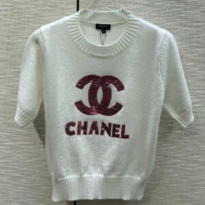 Chanel Women's Sequined Logo Print Sweater Cream
