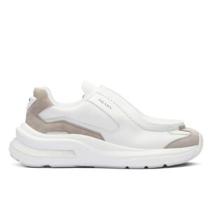 Prada Unisex Systeme Brushed Leather Sneakers With Bike Fabric And Suede Elements White