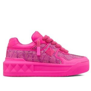 Valentino Unisex One Stud Xl Sneaker In Nappa Leather With Toile Iconographe Crystals Pink
