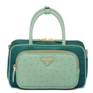 Prada Re-Nylon And Ostrich Leather Two-Handle Bag Green