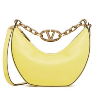 Valentino Small Vlogo Moon Hobo Bag In Grainy Calfskin With Chain Yellow