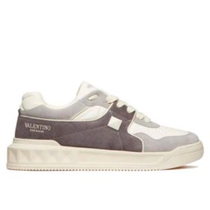 Valentino Unisex One Stud Low-Top Sneaker In Split Leather And Nappa Gray