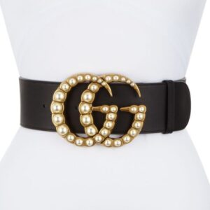 Gucci Women's Wide leather belt with pearl Double G Black