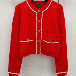 Chanel Women's Argyle Knitted Cardigan Red