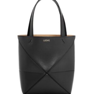 Loewe Mini Puzzle Fold Tote In Shiny Calfskin Black
