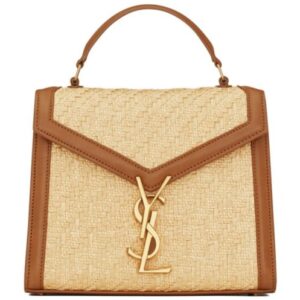 Saint Laurent Cassandra Mini Top Handle Bag In Raffia And Vegetable-Tanned Leather Coffee