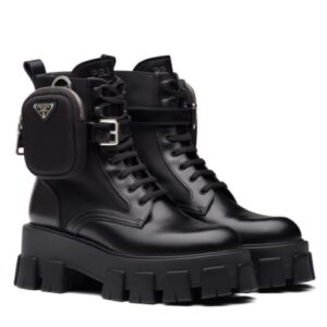 Prada Women's Monolith Leather And Re-Nylon Boots With Pouch Black