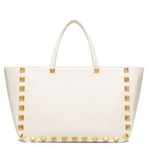 Valentino Roman Stud Grainy Calfskin Tote Bag White