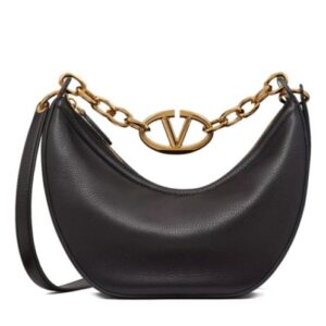 Valentino Small Vlogo Moon Hobo Bag In Grainy Calfskin With Chain Black