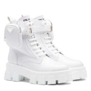Prada Women's Monolith Leather And Re-Nylon Boots With Pouch White