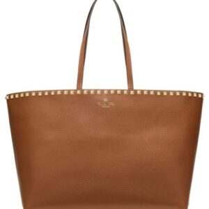 Valentino Large Calfskin Leather Rockstud Shopping Bag Coffee