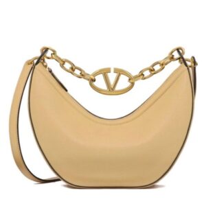 Valentino Small Vlogo Moon Hobo Bag In Grainy Calfskin With Chain Apricot