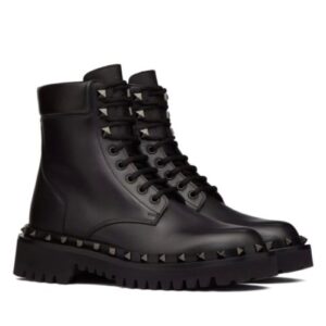 Valentino Women's Rockstud Calfskin Combat Boot With Matching Studs 50MM Black